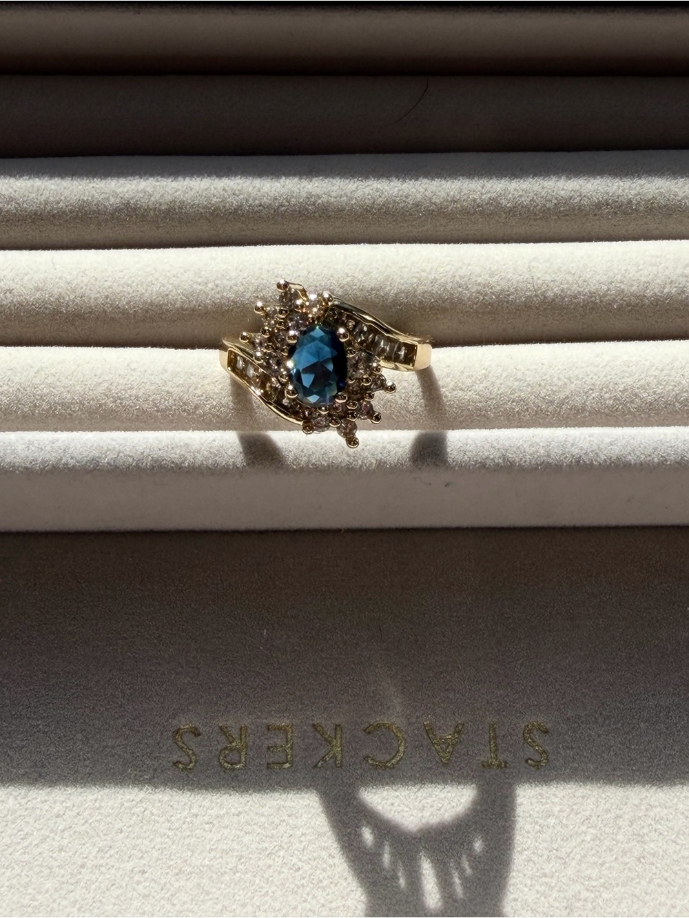 Vintage Gold Tone Dark Blue Oval Cluster Bypass Cocktail Ring
